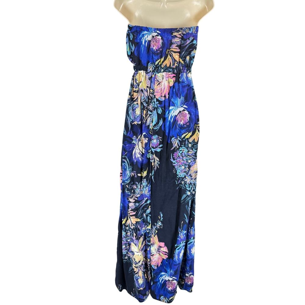 VTG Navy blue floral‎ large y2k maxi dress tropical cottage coquette strapless - Picture 3 of 13
